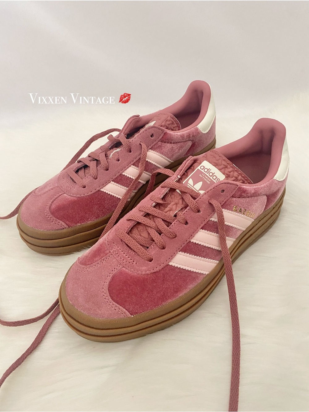 ADIDAS TIERED PLATFORM 'WOMEN'S GAZELLE BOLD VELVET SNEAKERS' IN SANDY PINK - Picture 2 of 10
